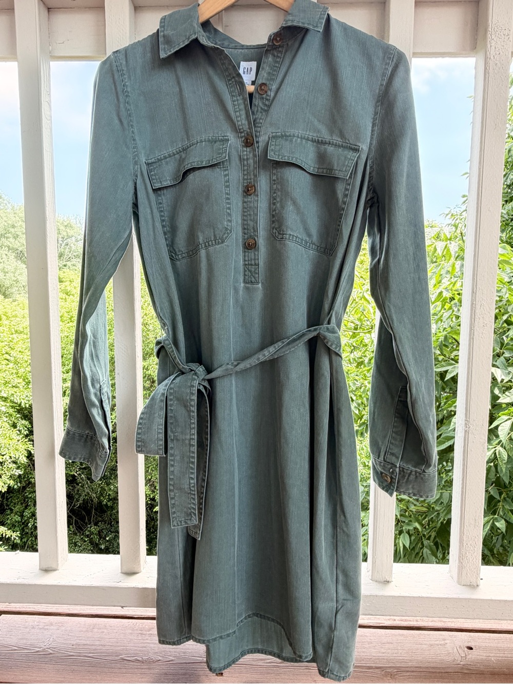 GAP Sage Green Long-Sleeve Denim Shirtdress with Waist Tie